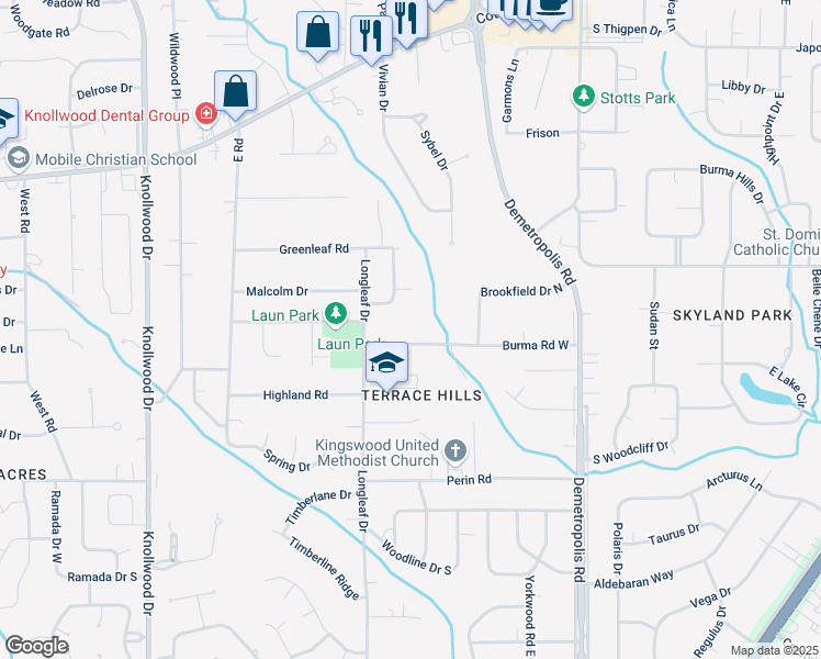 map of restaurants, bars, coffee shops, grocery stores, and more near 5213 Burma Road West in Mobile