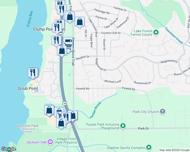 map of restaurants, bars, coffee shops, grocery stores, and more near 106 Lively Circle in Daphne