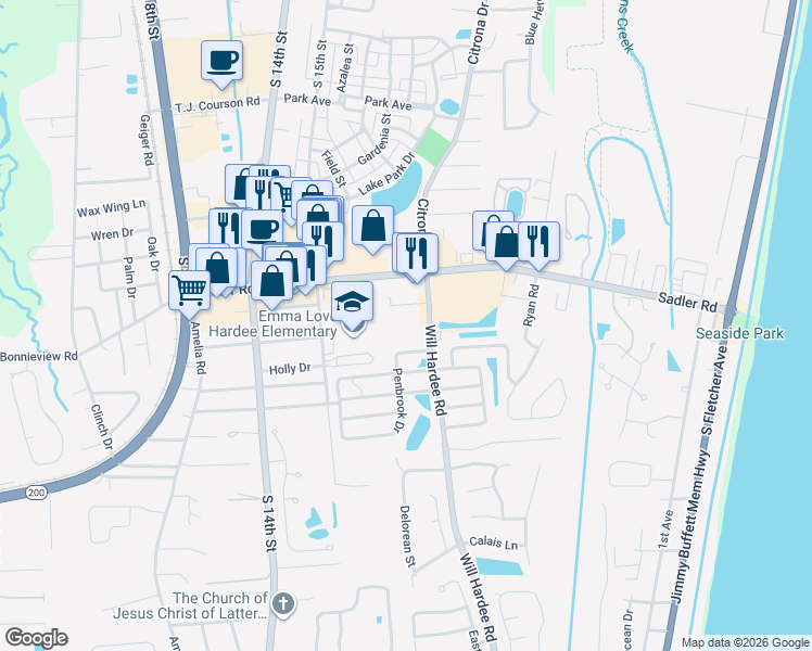 map of restaurants, bars, coffee shops, grocery stores, and more near 1729 Crescent Road in Fernandina Beach