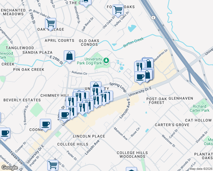 map of restaurants, bars, coffee shops, grocery stores, and more near 1000 Spring Loop in College Station
