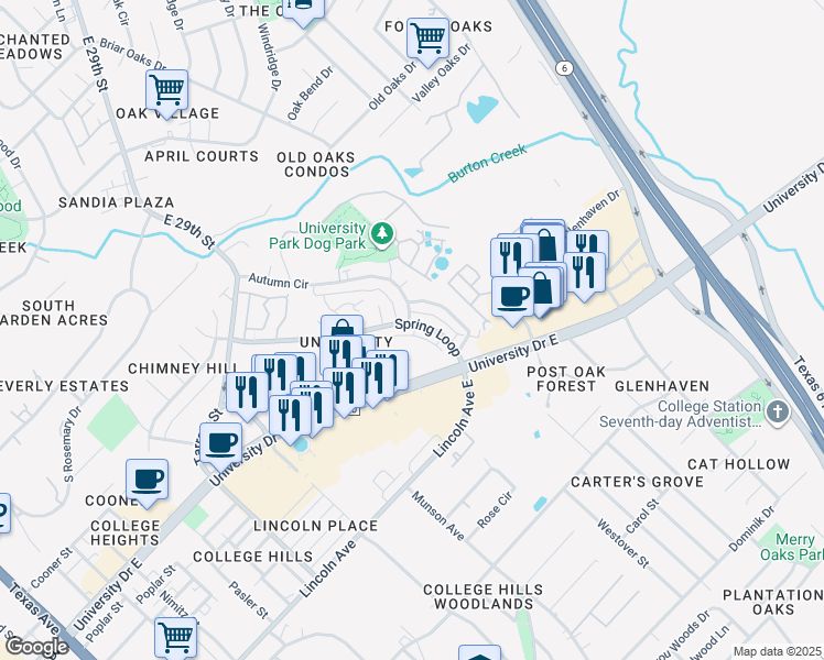 map of restaurants, bars, coffee shops, grocery stores, and more near 1203 University Drive East in College Station