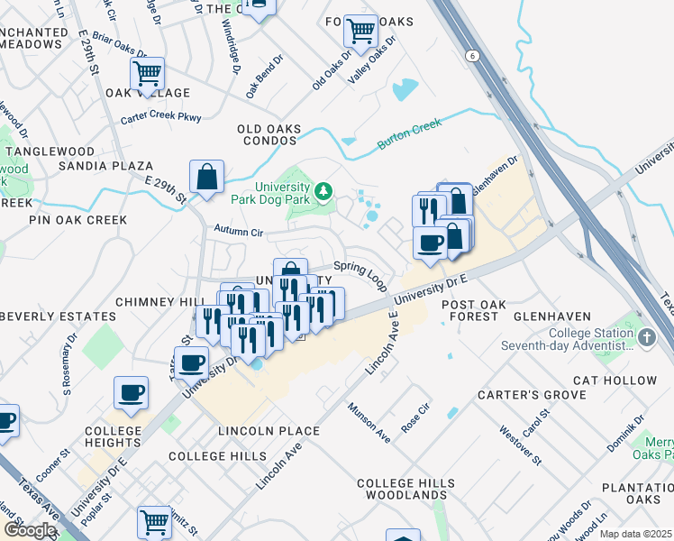 map of restaurants, bars, coffee shops, grocery stores, and more near 1105 Spring Loop in College Station