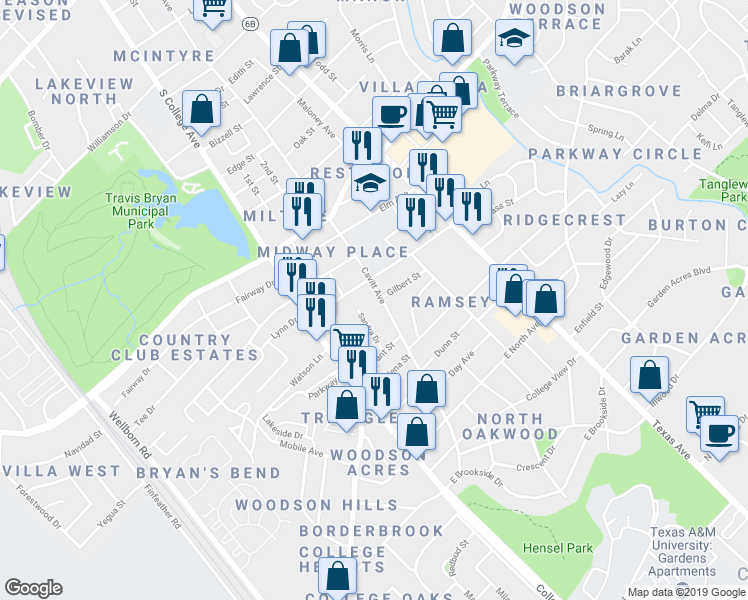 map of restaurants, bars, coffee shops, grocery stores, and more near 3405 Sandra Drive in Bryan