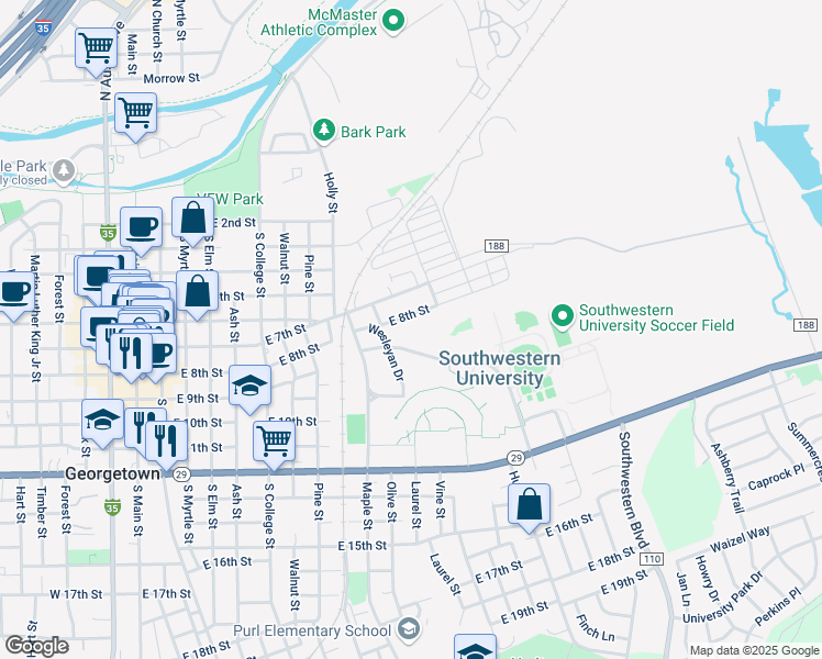 map of restaurants, bars, coffee shops, grocery stores, and more near Southwestern Blvd in Georgetown
