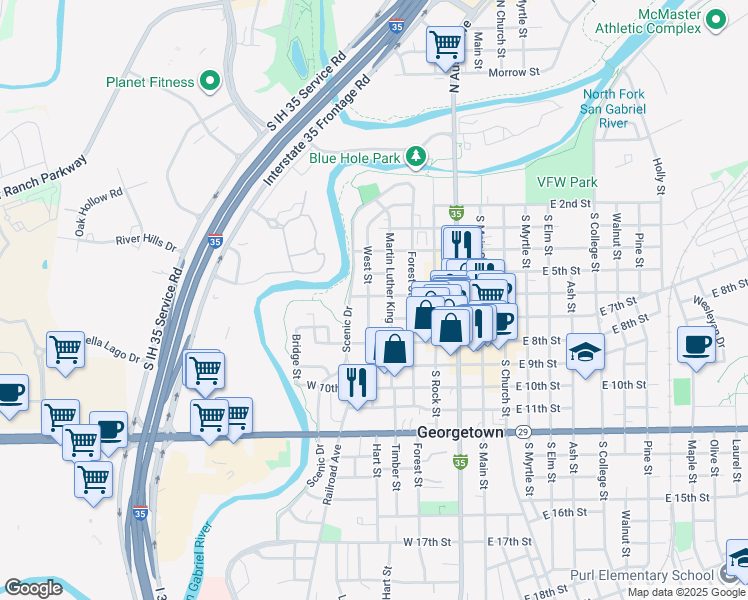 map of restaurants, bars, coffee shops, grocery stores, and more near 601 West Street in Georgetown