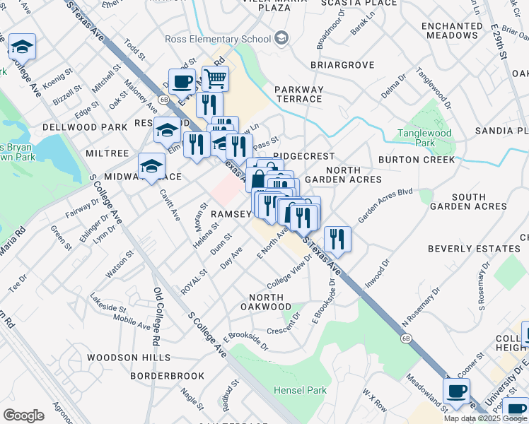 map of restaurants, bars, coffee shops, grocery stores, and more near 3700 Texas Avenue in Bryan