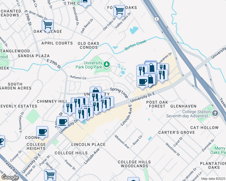 map of restaurants, bars, coffee shops, grocery stores, and more near 1106 Spring Loop in College Station