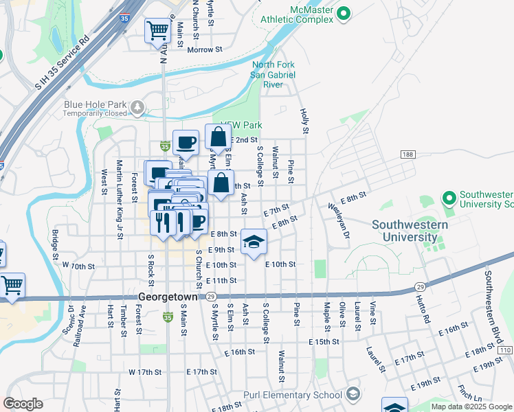 map of restaurants, bars, coffee shops, grocery stores, and more near 602 South College Street in Georgetown