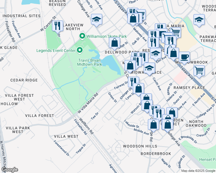 map of restaurants, bars, coffee shops, grocery stores, and more near 302 Fairway Drive in Bryan