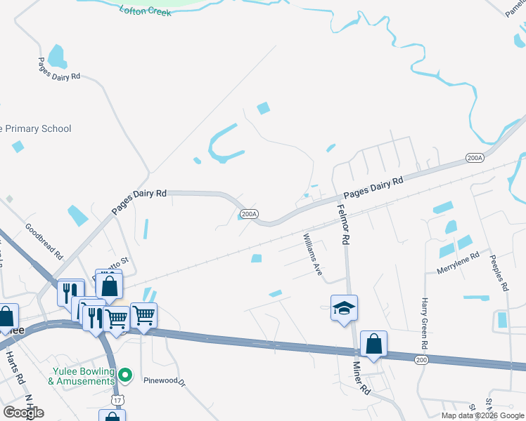 map of restaurants, bars, coffee shops, grocery stores, and more near 86242 Pages Dairy Road in Yulee