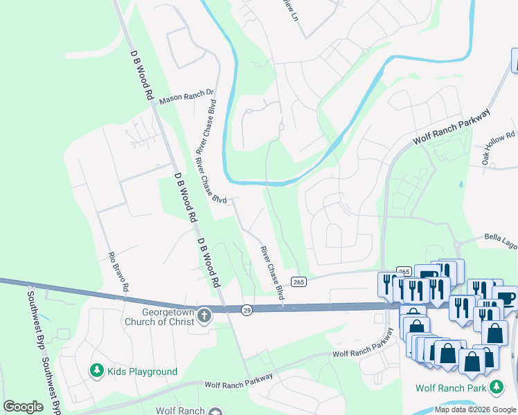 map of restaurants, bars, coffee shops, grocery stores, and more near 205 Overlook Court in Georgetown