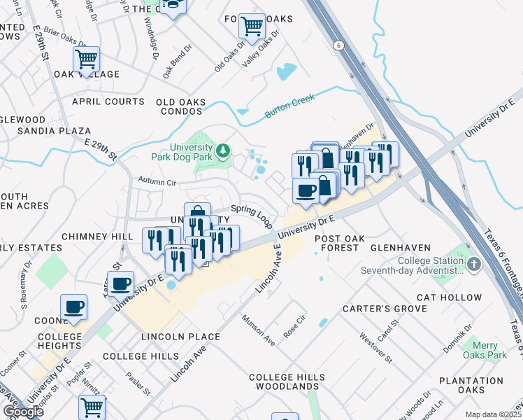 map of restaurants, bars, coffee shops, grocery stores, and more near 1224 April Bloom in College Station