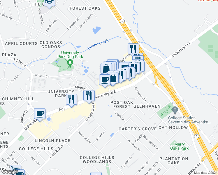 map of restaurants, bars, coffee shops, grocery stores, and more near 203 Forest Drive in College Station