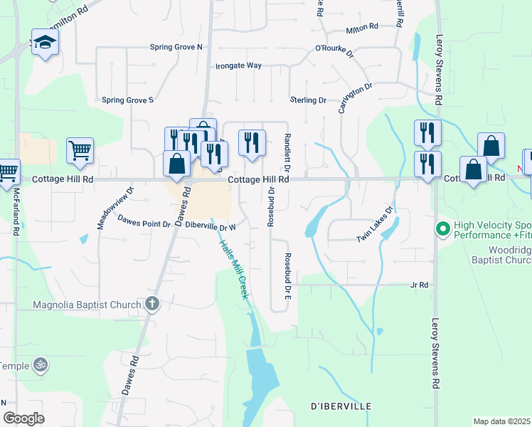 map of restaurants, bars, coffee shops, grocery stores, and more near 2538 Rosebud Drive North in Mobile