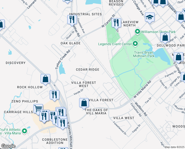 map of restaurants, bars, coffee shops, grocery stores, and more near 2806 Cypress Bend Circle in Bryan