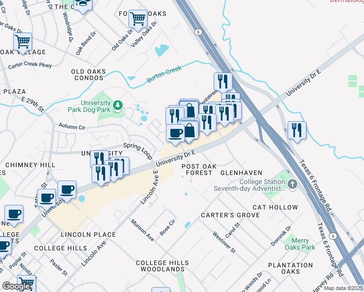 map of restaurants, bars, coffee shops, grocery stores, and more near 1505 University Drive East in College Station