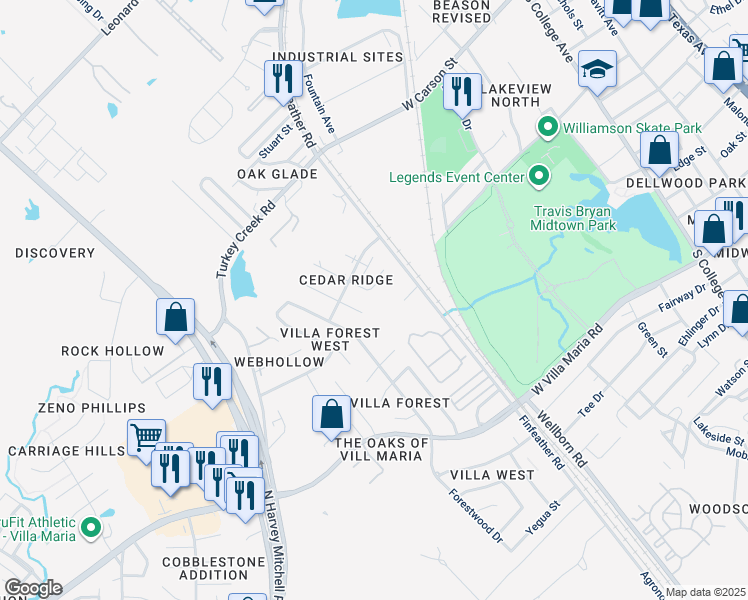 map of restaurants, bars, coffee shops, grocery stores, and more near 2805 Cypress Bend Circle in Bryan