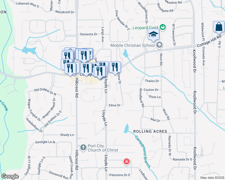 map of restaurants, bars, coffee shops, grocery stores, and more near 6101 Lennox Pl in Mobile