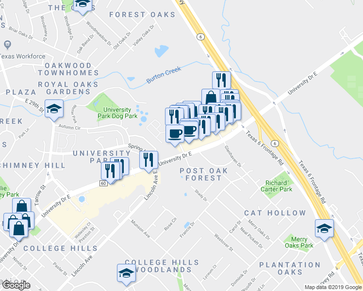 map of restaurants, bars, coffee shops, grocery stores, and more near 1505 University Drive East in College Station