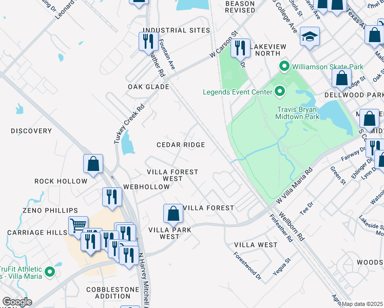 map of restaurants, bars, coffee shops, grocery stores, and more near 2805 Cypress Bend Circle in Bryan