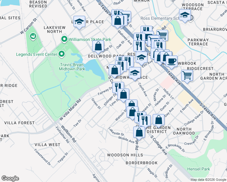 map of restaurants, bars, coffee shops, grocery stores, and more near 103 West Villa Maria Road in Bryan