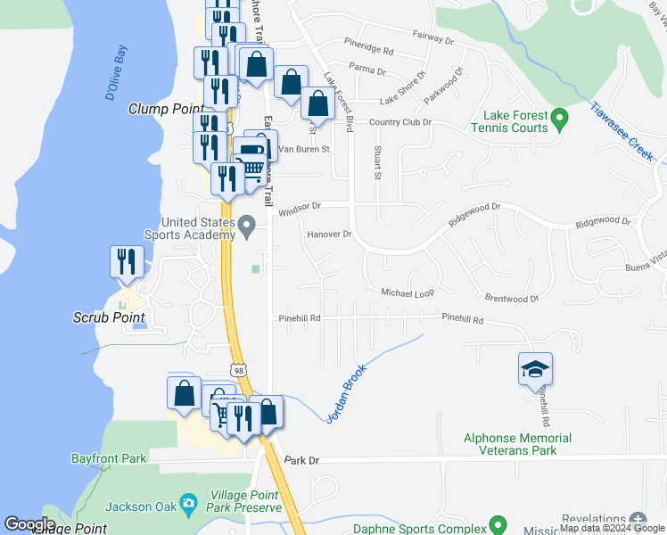 map of restaurants, bars, coffee shops, grocery stores, and more near 103 Lively Circle in Daphne