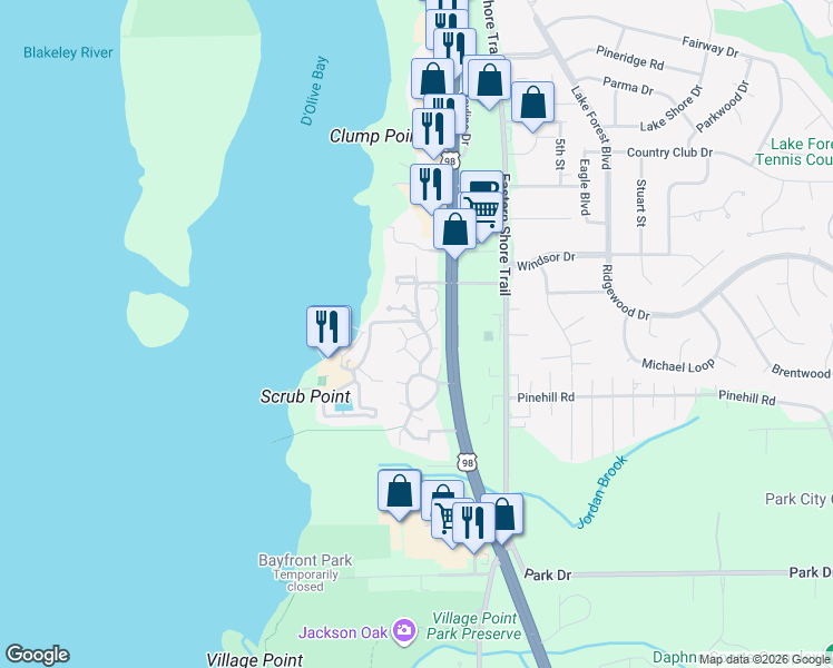 map of restaurants, bars, coffee shops, grocery stores, and more near 1078 Sea Cliff Drive North in Daphne
