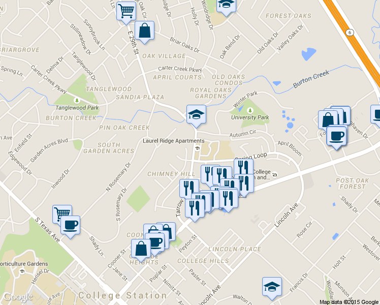 map of restaurants, bars, coffee shops, grocery stores, and more near 211 Chimney Hill Circle in College Station