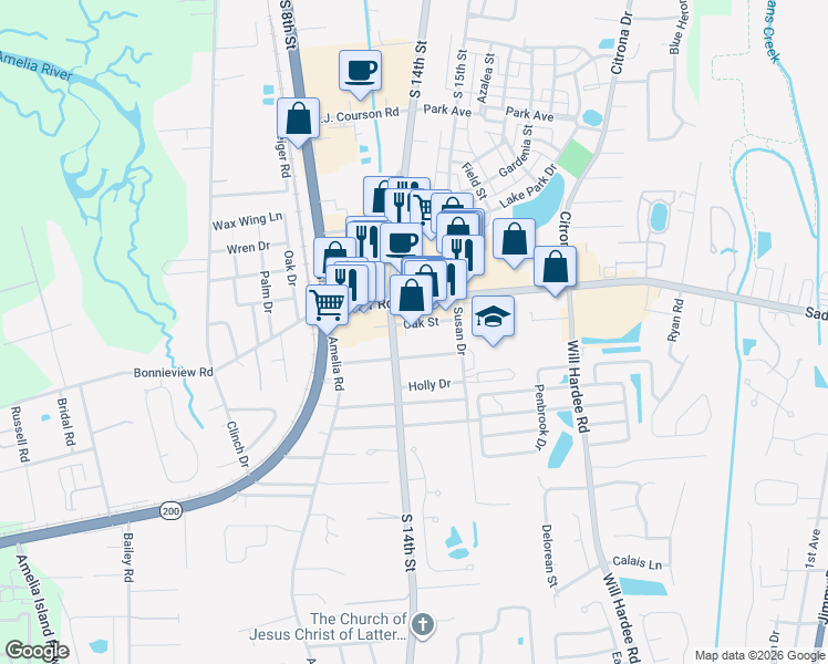 map of restaurants, bars, coffee shops, grocery stores, and more near 1464 Sadler Road in Fernandina Beach