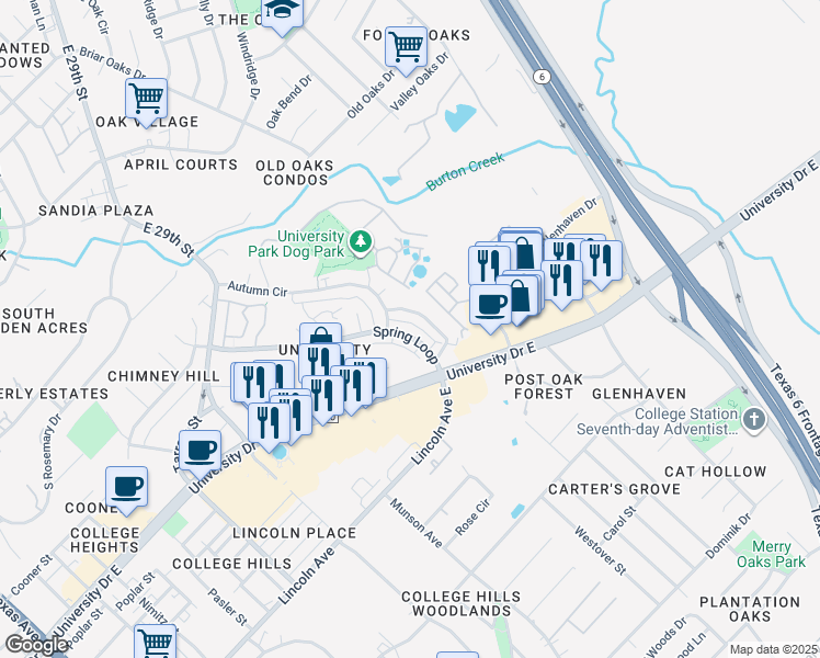 map of restaurants, bars, coffee shops, grocery stores, and more near 1202 April Bloom in College Station