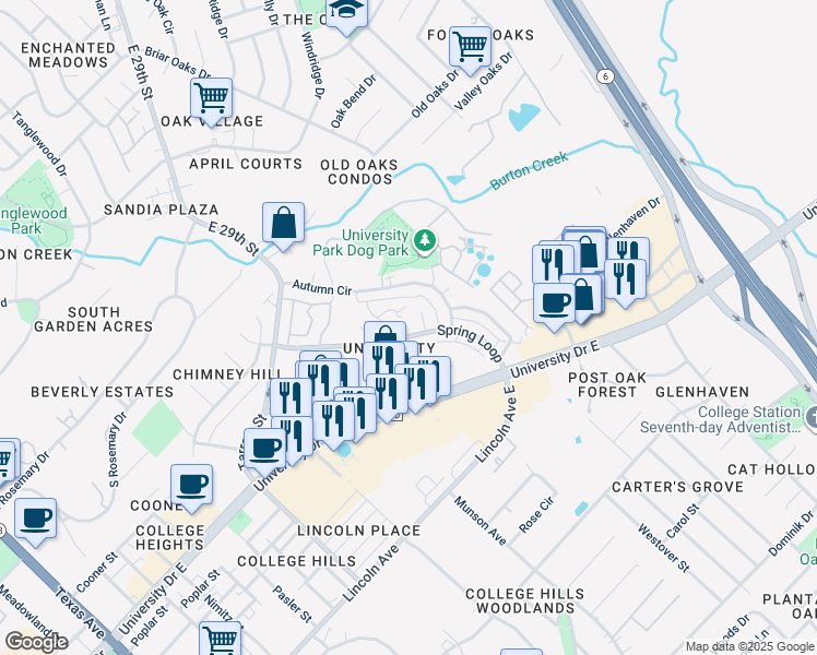 map of restaurants, bars, coffee shops, grocery stores, and more near 403A Fall Circle in College Station