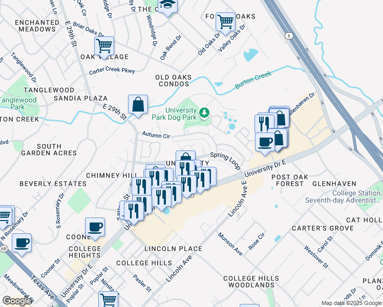 map of restaurants, bars, coffee shops, grocery stores, and more near 1005 Summer Court Circle in College Station