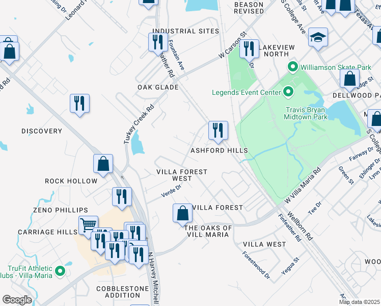 map of restaurants, bars, coffee shops, grocery stores, and more near 2711 Evergreen Circle in Bryan