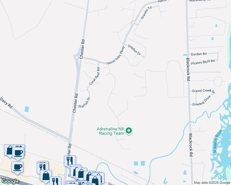 map of restaurants, bars, coffee shops, grocery stores, and more near 96039 Morton Lane in Yulee