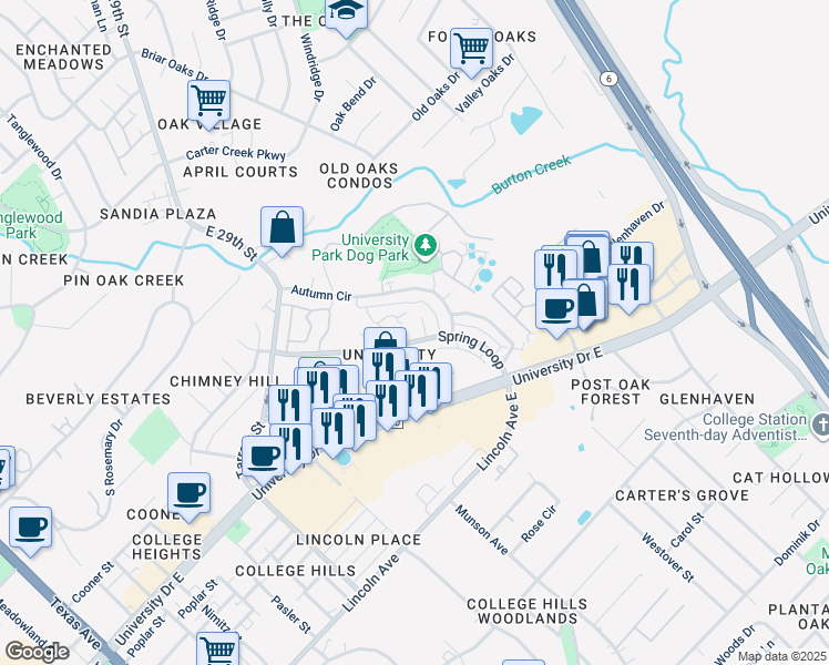map of restaurants, bars, coffee shops, grocery stores, and more near 1005 Spring Loop in College Station