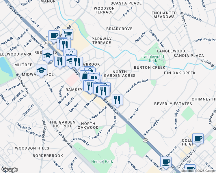 map of restaurants, bars, coffee shops, grocery stores, and more near 713 Broadmoor Drive in Bryan