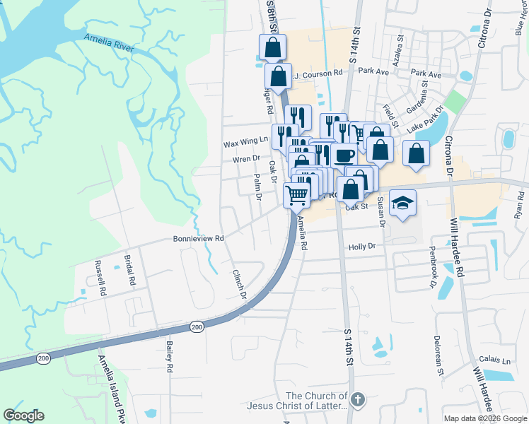 map of restaurants, bars, coffee shops, grocery stores, and more near 1976 Palm Drive in Fernandina Beach
