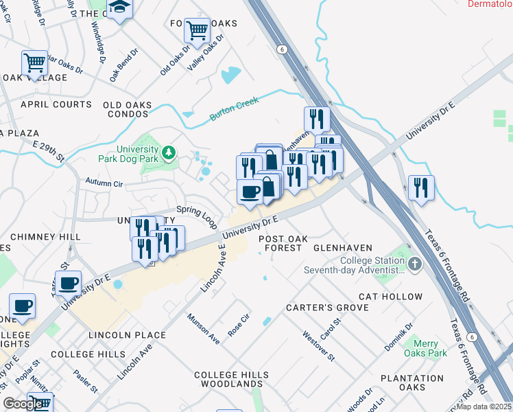 map of restaurants, bars, coffee shops, grocery stores, and more near 248 Forest Drive in College Station
