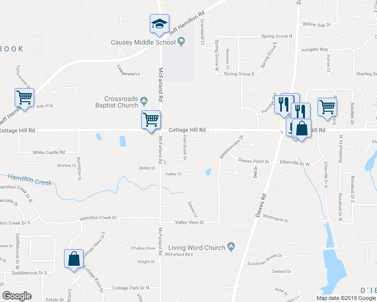 map of restaurants, bars, coffee shops, grocery stores, and more near 2525 Field Brook Drive in Mobile