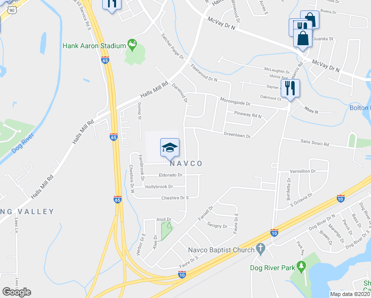 map of restaurants, bars, coffee shops, grocery stores, and more near 1615 Darwood Drive in Mobile