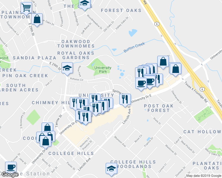 map of restaurants, bars, coffee shops, grocery stores, and more near 403A Fall Circle in College Station