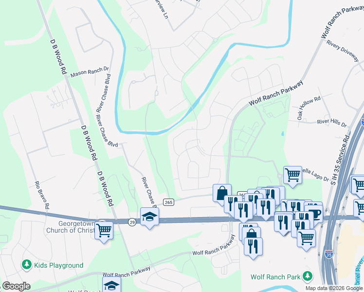map of restaurants, bars, coffee shops, grocery stores, and more near 104 Barefoot Park Lane in Georgetown
