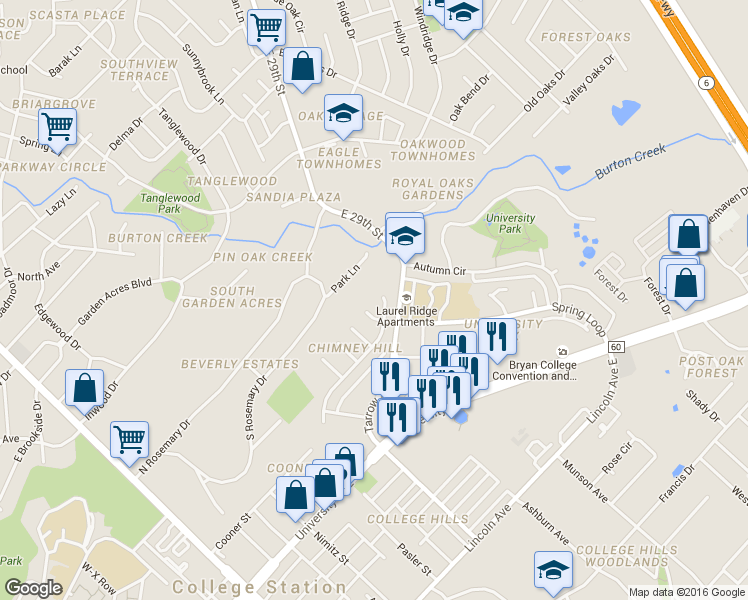 map of restaurants, bars, coffee shops, grocery stores, and more near 202 Chimney Hill Circle in College Station