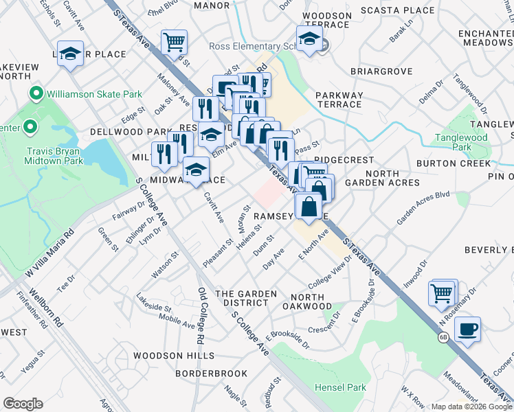 map of restaurants, bars, coffee shops, grocery stores, and more near 3400 Holick Lane in Bryan