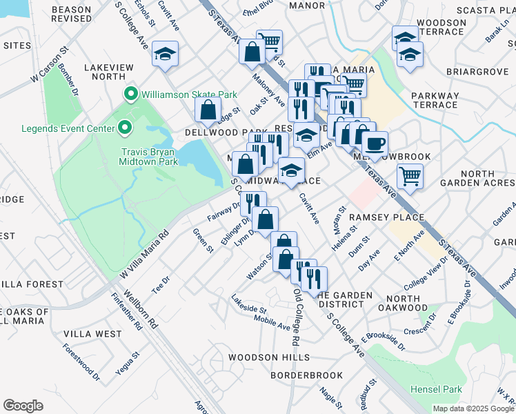 map of restaurants, bars, coffee shops, grocery stores, and more near 3301 South College Avenue in Bryan