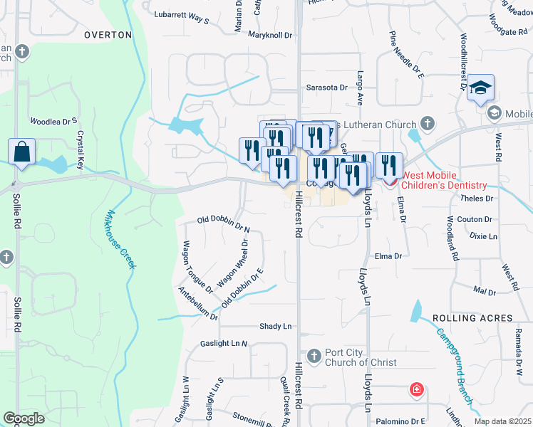 map of restaurants, bars, coffee shops, grocery stores, and more near 6555 Logan Road in Mobile