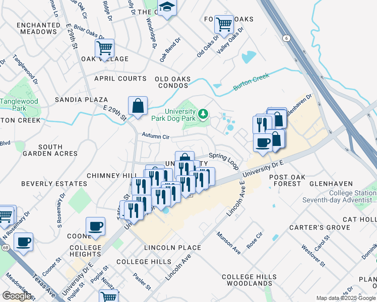 map of restaurants, bars, coffee shops, grocery stores, and more near 1005 Summer Court Circle in College Station