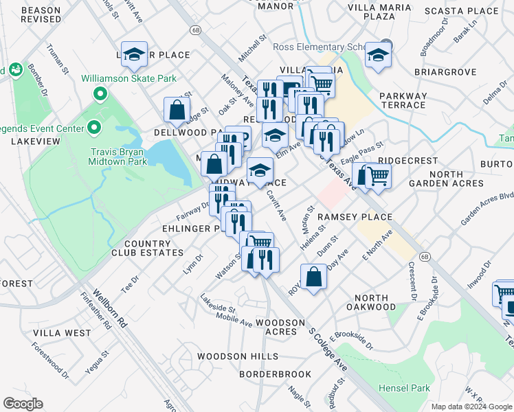 map of restaurants, bars, coffee shops, grocery stores, and more near 201 Willow Avenue in Bryan