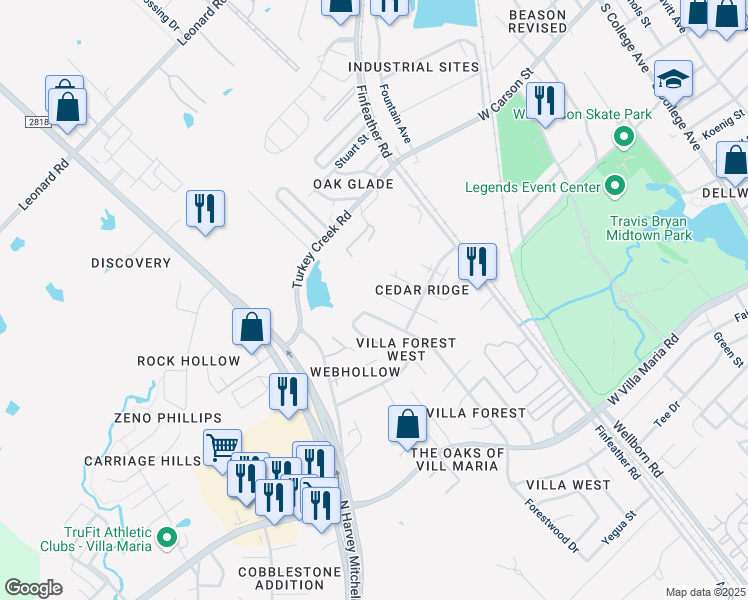 map of restaurants, bars, coffee shops, grocery stores, and more near 2705 Sprucewood Street in Bryan