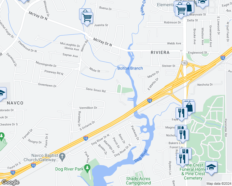 map of restaurants, bars, coffee shops, grocery stores, and more near 2335 Sans Souci Road in Mobile